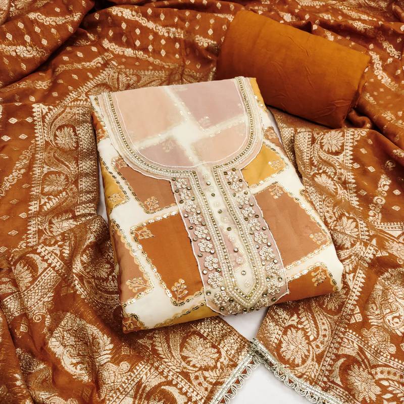 mustard cotton silk unstitched handwork dress material