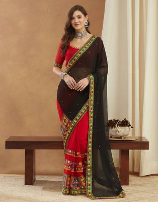 georgette saree with heavy kutchi embroidery work 1