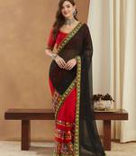 black georgette with heavy kuthi embroidered work party wear saree