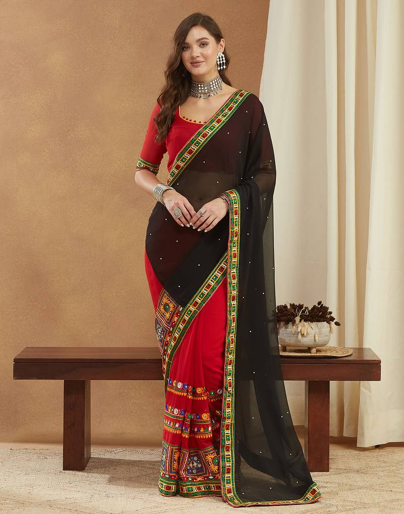 black georgette with heavy kuthi embroidered work party wear saree