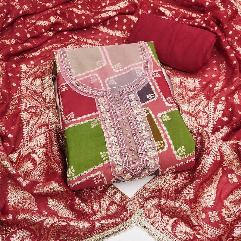 green cotton silk unstitched handwork dress material