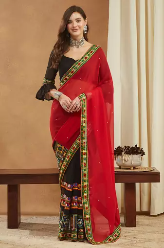 designer georgette saree with heavy kutchi embroidery