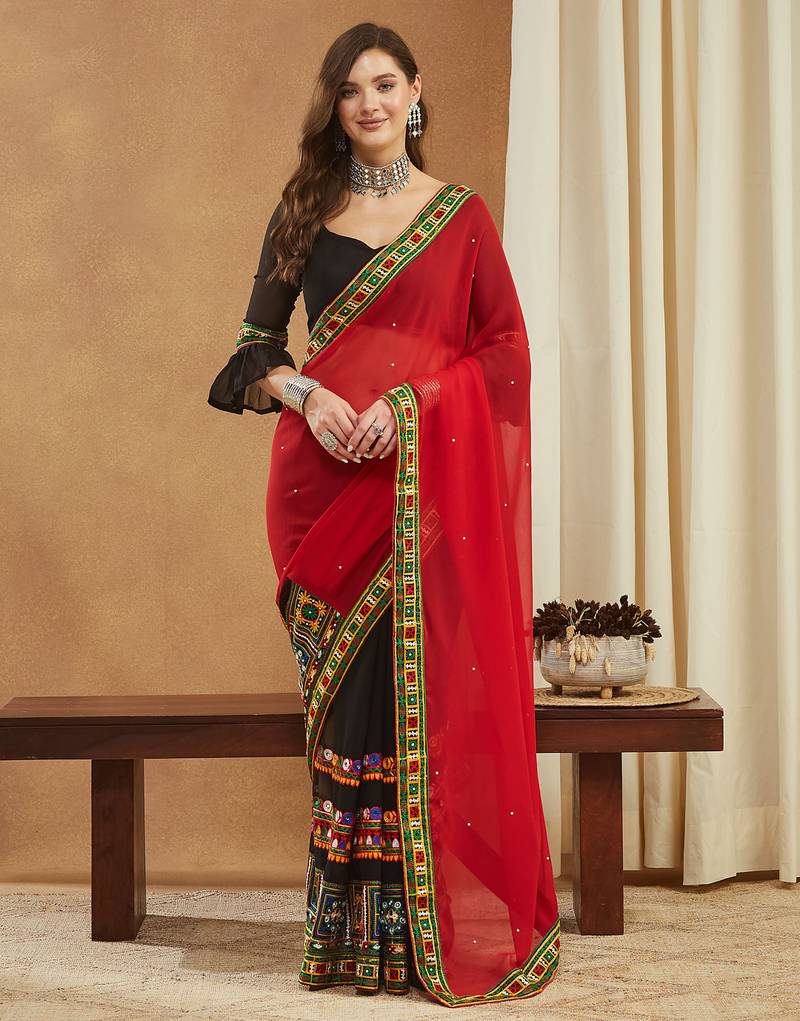 red georgette with heavy kuthi embroidered work party wear saree