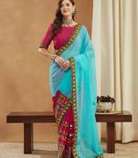 aqua_blue georgette with heavy kuthi embroidered work party wear saree