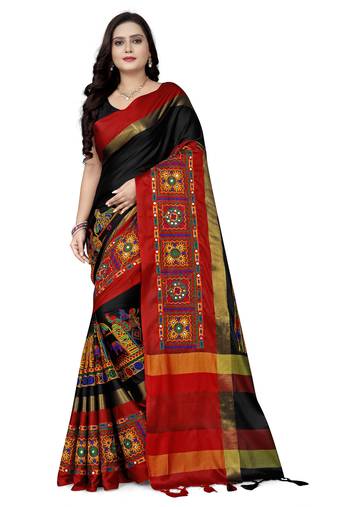 traditional cotton silk saree with kutchi embroidery work
