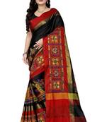 black cotton silk with kutchi embroidered work party wear saree