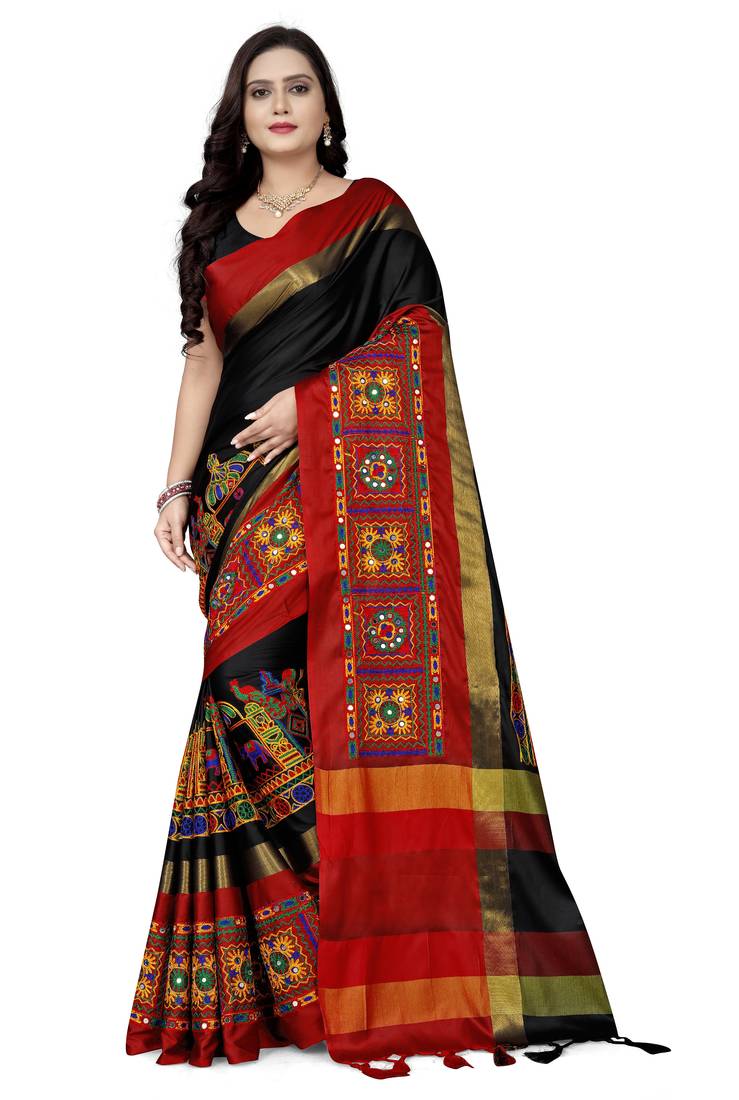 black cotton silk with kutchi embroidered work party wear saree