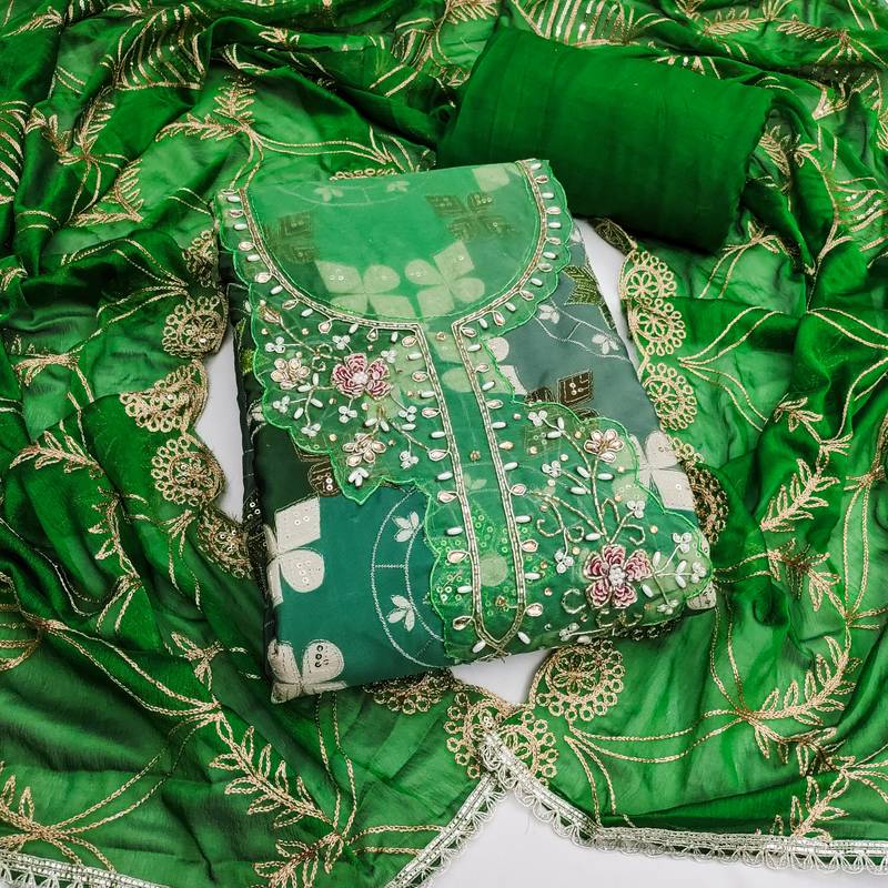 green cotton silk unstitched handwork dress material
