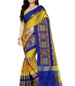 yellow cotton silk with kutchi embroidered work party wear saree