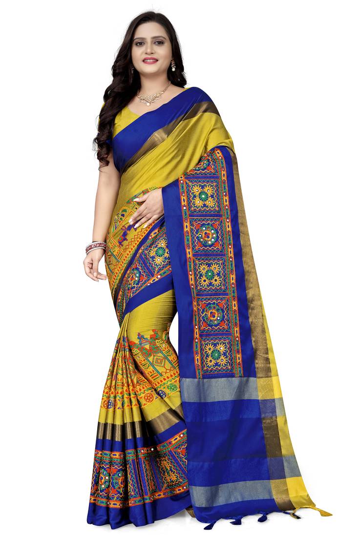yellow cotton silk with kutchi embroidered work party wear saree