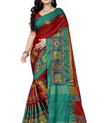 red cotton silk with kutchi embroidered work party wear saree