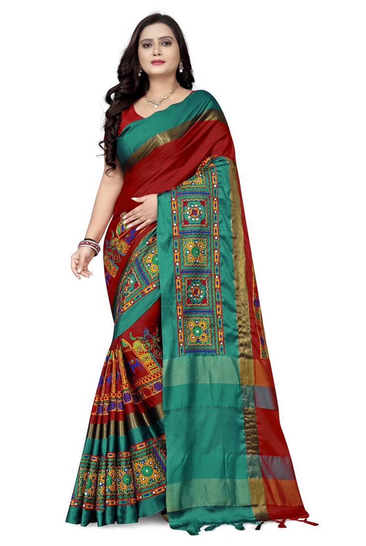 red cotton silk with kutchi embroidered work party wear saree