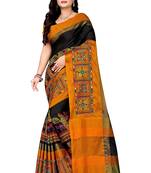 black cotton silk with kutchi embroidered work party wear saree