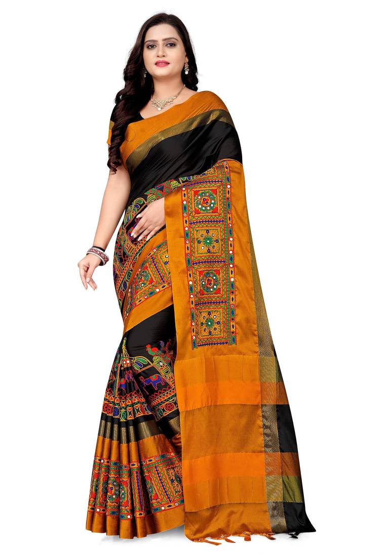black cotton silk with kutchi embroidered work party wear saree