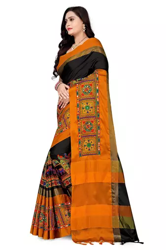 cotton silk saree with traditional kutchi embroidery