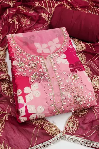 magenta hand embroidered cotton dress material