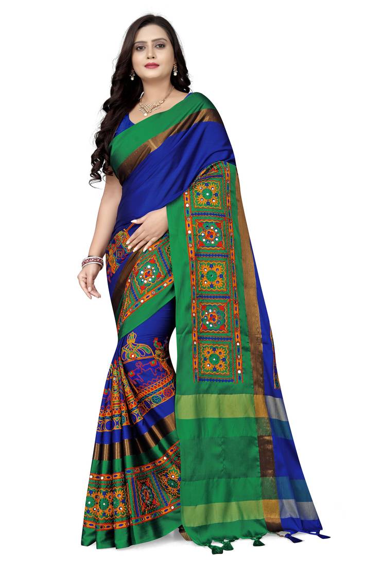 royal_blue cotton silk with kutchi embroidered work party wear saree