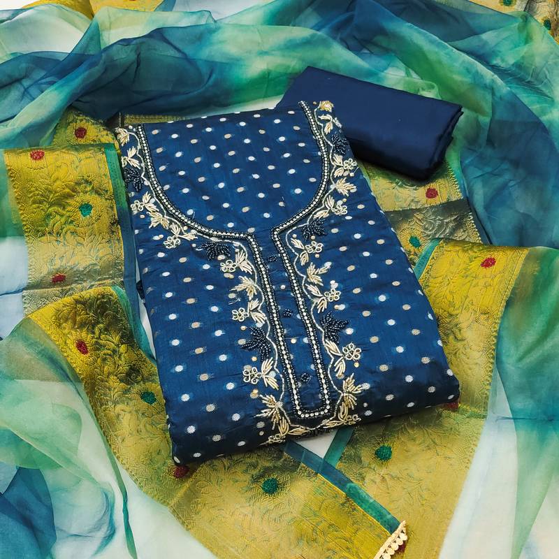 blue silk blend modal butti unstitched dress material with dupatta