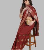 dark_maroon soft cotton silk with colourful thread embroidery saree with blouse