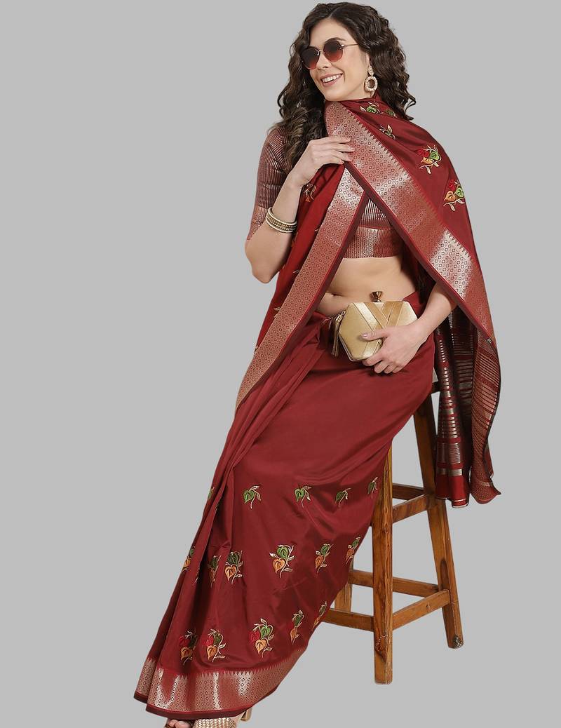 dark_maroon soft cotton silk with colourful thread embroidery saree with blouse