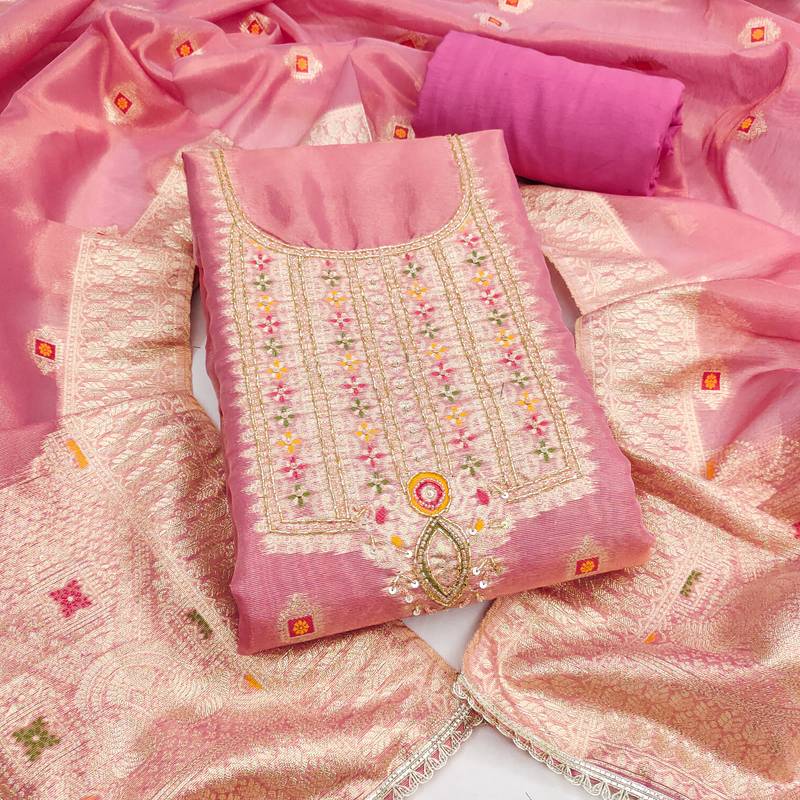  pink weaving handwork simmer dress material 