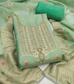 green weaving handwork shimmer dress material