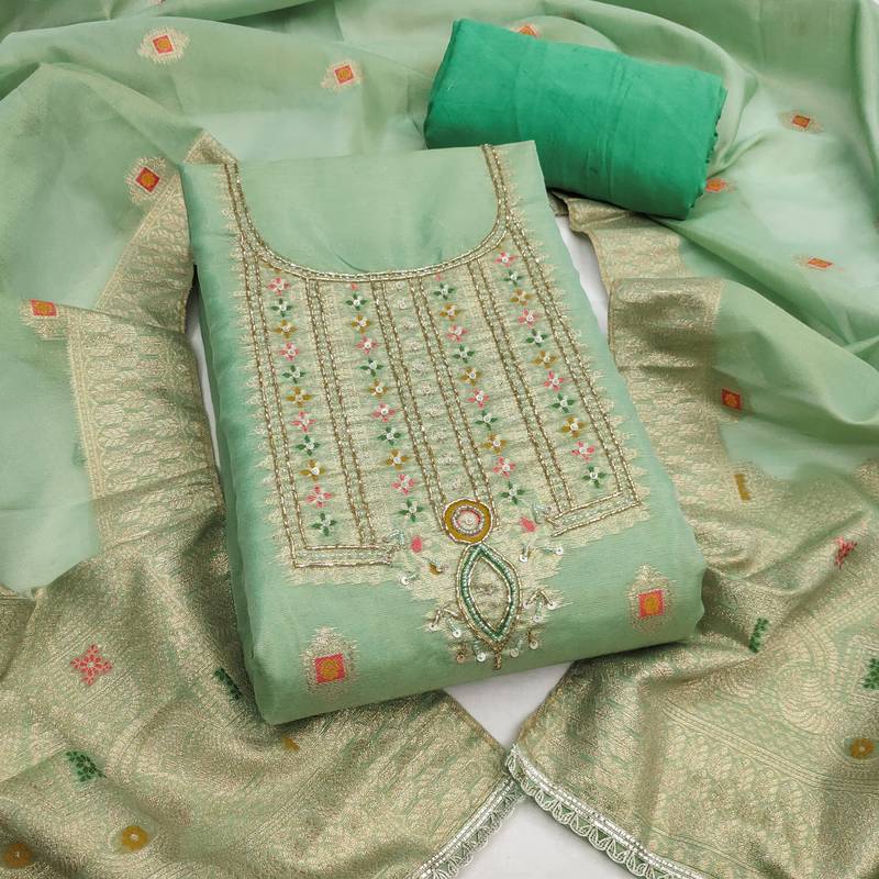  green weaving handwork simmer dress material 