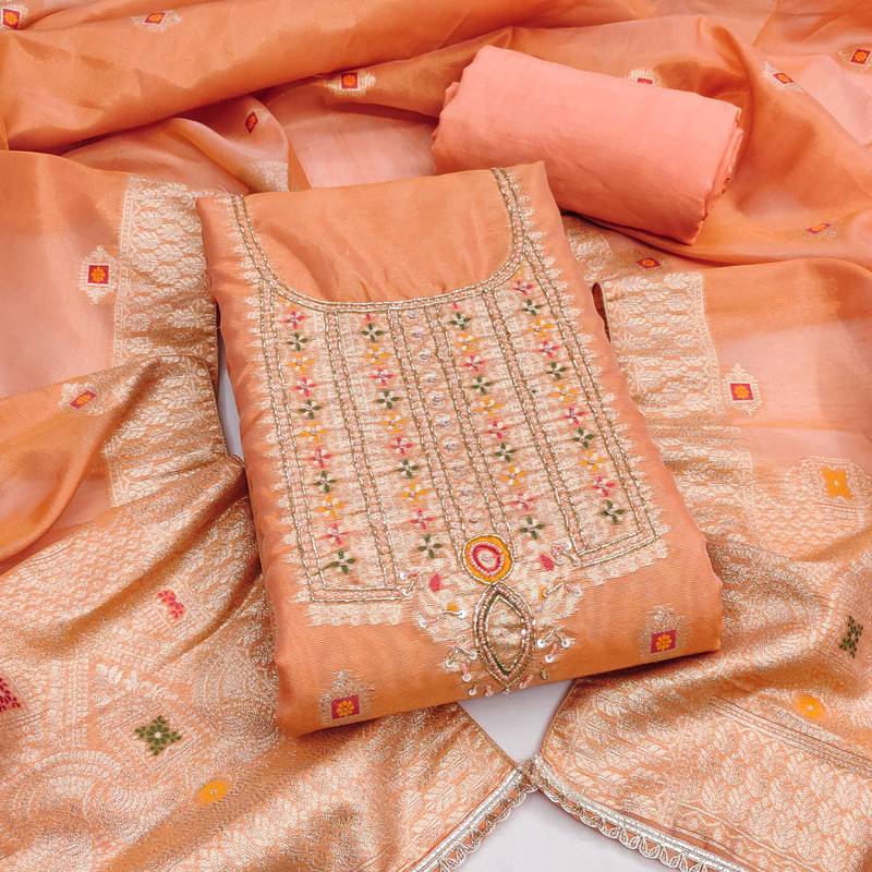  peach weaving handwork simmer dress material 