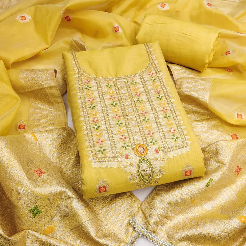  yellow weaving handwork simmer dress material 