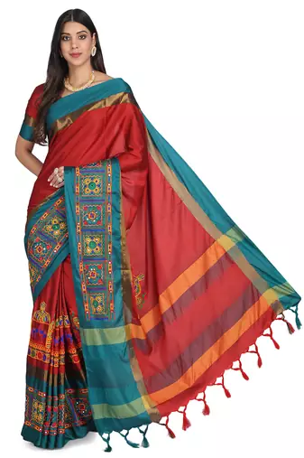 premium cotton silk saree with kutchi embroidery work