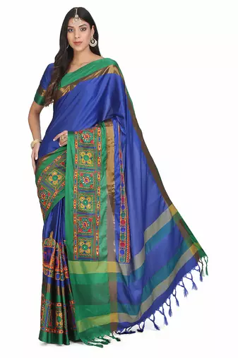cotton silk saree with kutchi embroidery work