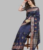 blue soft cotton silk with colourful thread embroidery saree with blouse