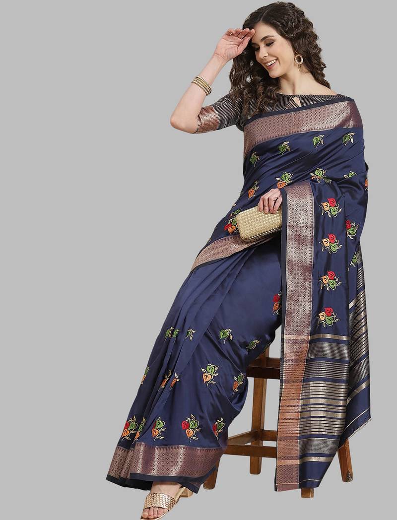 blue soft cotton silk with colourful thread embroidery saree with blouse