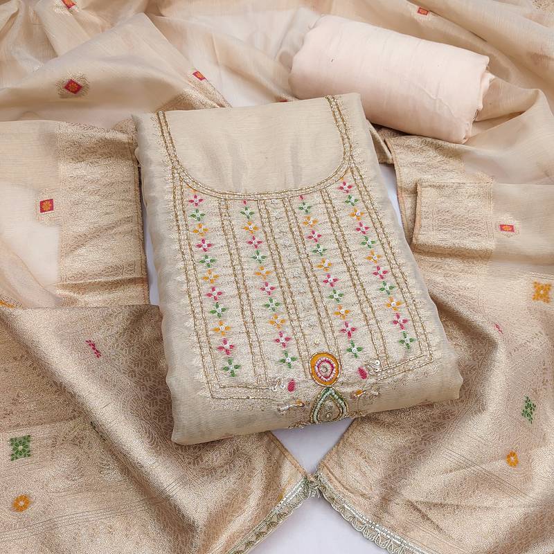  beige weaving handwork simmer dress material 