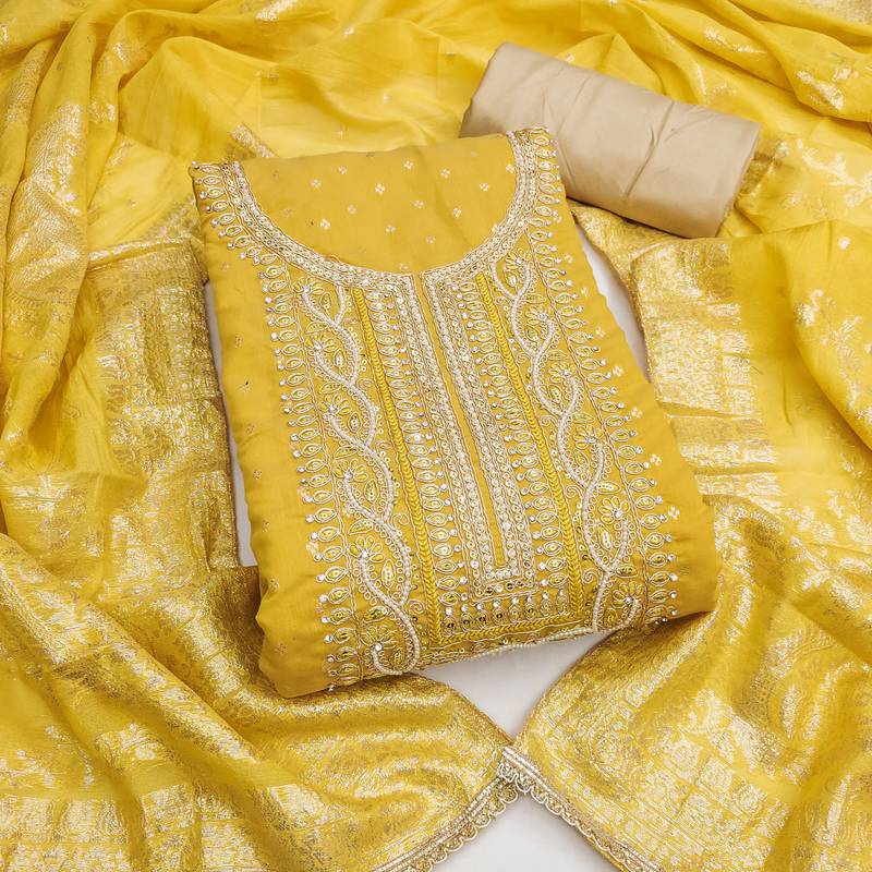  yellow weaving handwork modal dress material 