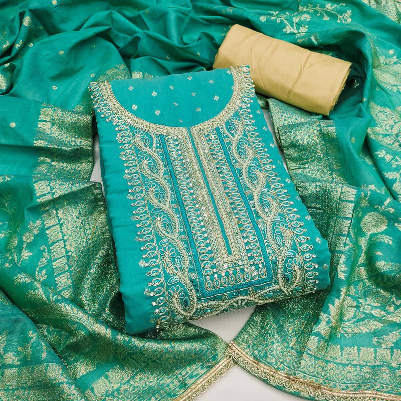  sea green weaving handwork modal dress material 