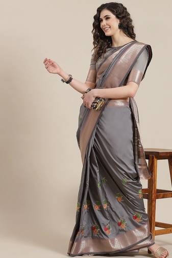 grey soft cotton silk saree with multicolor thread embroidery