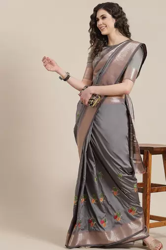grey soft cotton silk saree with multicolor thread embroidery