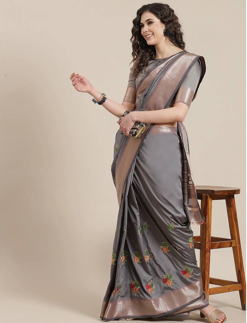 grey soft cotton silk with colourful thread embroidery saree with blouse