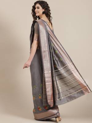 grey soft cotton silk saree with multicolor thread embroidery 2