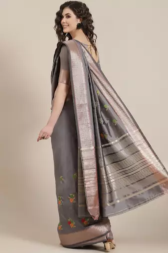 grey soft cotton silk saree with multicolor thread embroidery