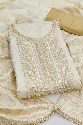 white weaving handwork embroidered silk dress material