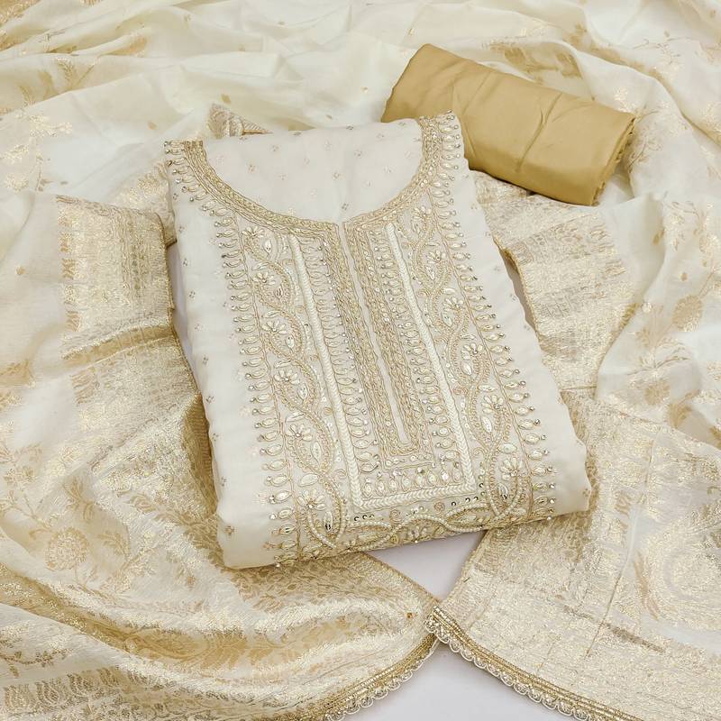  white weaving handwork modal dress material 