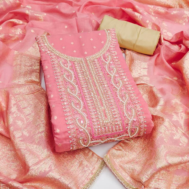  pink weaving handwork modal dress material 
