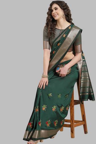 green soft cotton silk saree with multicolor thread embroidery