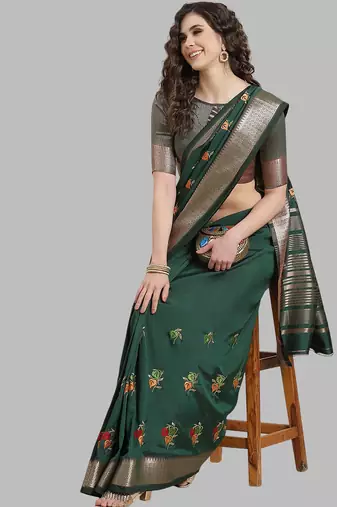 green soft cotton silk saree with multicolor thread embroidery