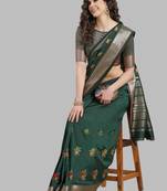 green soft cotton silk with colourful thread embroidery saree with blouse