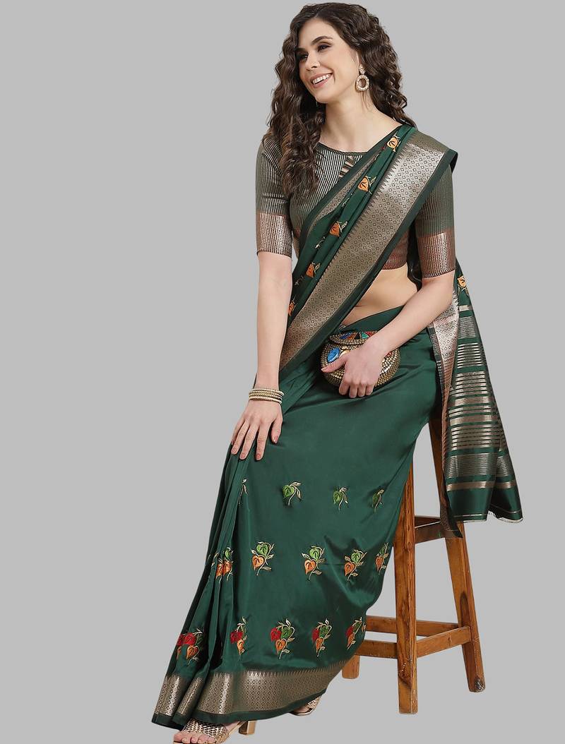 green soft cotton silk with colourful thread embroidery saree with blouse