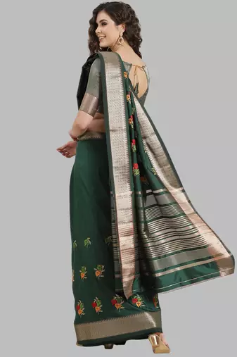 green soft cotton silk saree with multicolor thread embroidery