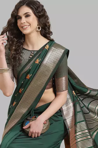 green soft cotton silk saree with multicolor thread embroidery